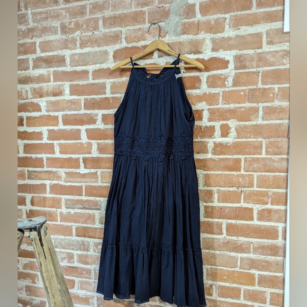 Chic Navy Halter Midi Dress Eyelet